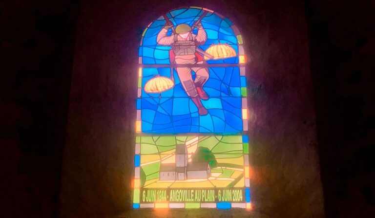 paratroopers stained glass church windows normandy france